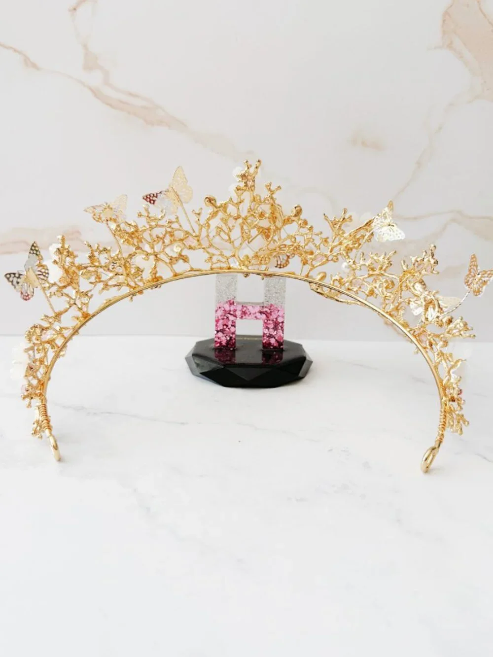 Pink Crystal Butterfly Crown, Gold Floral Tiara, Wedding Bridal Headpiece